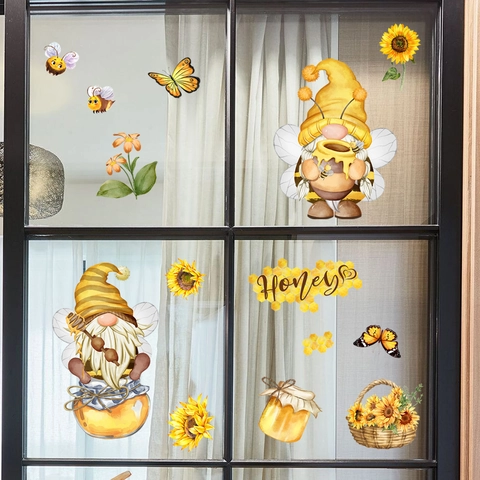 Honey Bee Gnome Sunflower Window Clings Watercolor PVC Static Stickers Decorative Decals For Glass Window Decoration