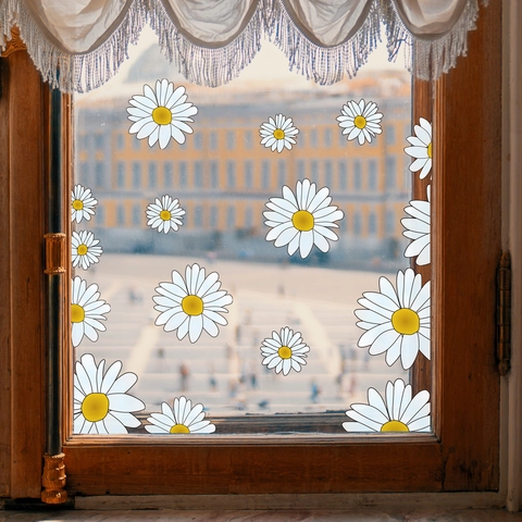 Daisy Flower Window Stickers Double Sided Visible PVC Glass Decals Fresh Floral Wall Stickers For Home Office Decoration
