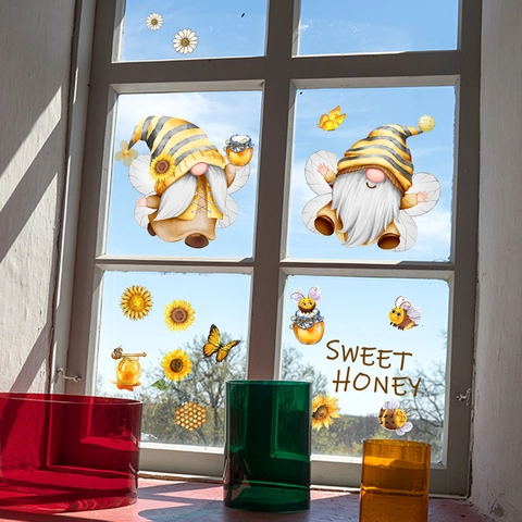 Biene Wichtel Sonnenblume Fensteraufkleber Abnehmbare PVC Aufkleber Für Haus Küche Glas Dekoration Süßer Honig Thema Dekor