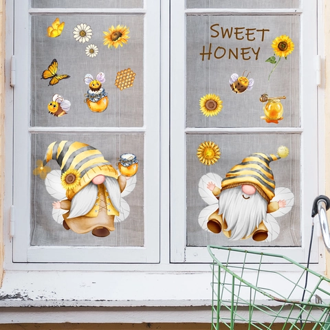 Biene Wichtel Sonnenblume Fensteraufkleber Abnehmbare PVC Aufkleber Für Haus Küche Glas Dekoration Süßer Honig Thema Dekor