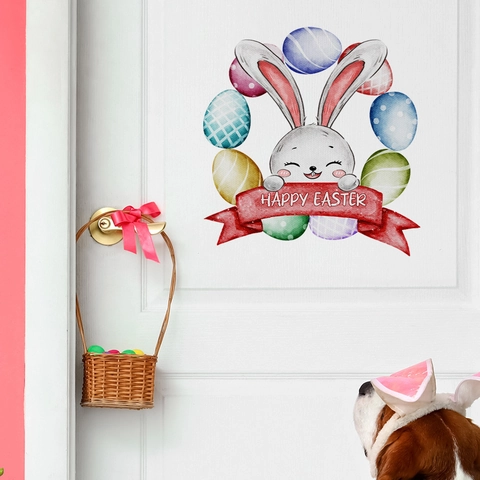 Adesivo Da Parete Coniglio Di Pasqua Cartone Animato Uova Colorate Decalcomania Per Porta Impermeabile PVC Arredamento Bagno Tema Festivo