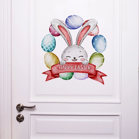 Adesivo Da Parete Coniglio Di Pasqua Cartone Animato Uova Colorate Decalcomania Per Porta Impermeabile PVC Arredamento Bagno Tema Festivo