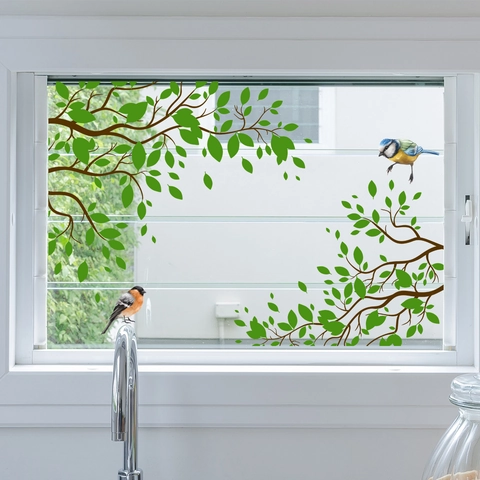 Pegatinas Estáticas Para Ventanas Hojas Verdes Pájaros Decorativos PVC Calcomanía De Vidrio Para Hogar Cocina Dormitorio