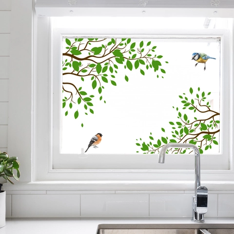 Pegatinas Estáticas Para Ventanas Hojas Verdes Pájaros Decorativos PVC Calcomanía De Vidrio Para Hogar Cocina Dormitorio