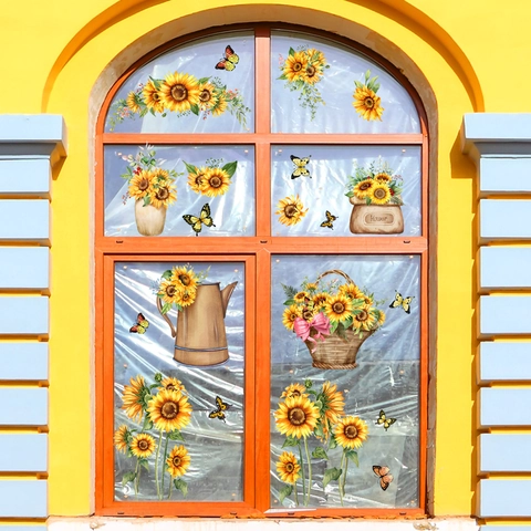 Sonnenblume Schmetterling Fensterbilder Doppelseitig Statisch Haftend Blumenkorb Gießkanne PVC Wandtattoo Für Home Decor