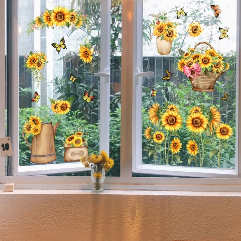 Sonnenblume Schmetterling Fensterbilder Doppelseitig Statisch Haftend Blumenkorb Gießkanne PVC Wandtattoo Für Home Decor
