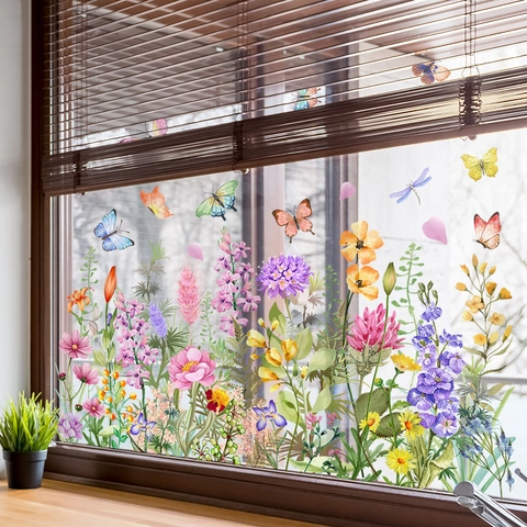 Pegatina de Ventana Estática de Mariposa y Flor PVC Calcomanías Impermeables de Vidrio Floral Colorido para Decoración de Hogar
