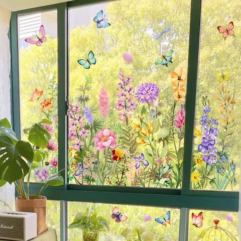 Pegatina de Ventana Estática de Mariposa y Flor PVC Calcomanías Impermeables de Vidrio Floral Colorido para Decoración de Hogar