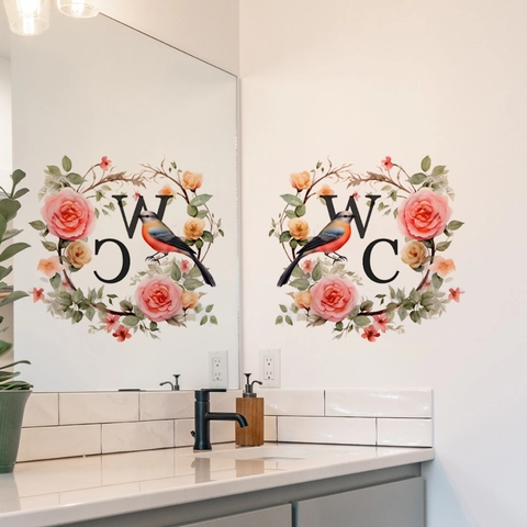 Verse Bloemen Vogel Krans WC Teken Muursticker Verwijderbare PVC Waterdichte Badkamer Deur Decor Zelfklevende Sticker