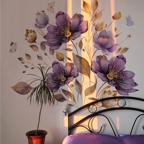 Purple Flower Butterfly Wall Sticker Removable PVC Self Adhesive Watercolor Floral Art Decal Home Bedroom Decor