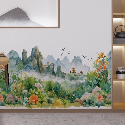 Stickers Muraux Aquarelle Forêt De Montagne PVC Style Chinois Fleur Oiseau Décalcomanies Décoratives Pour Salon