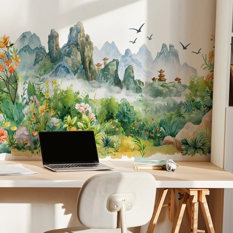 Stickers Muraux Aquarelle Forêt De Montagne PVC Style Chinois Fleur Oiseau Décalcomanies Décoratives Pour Salon