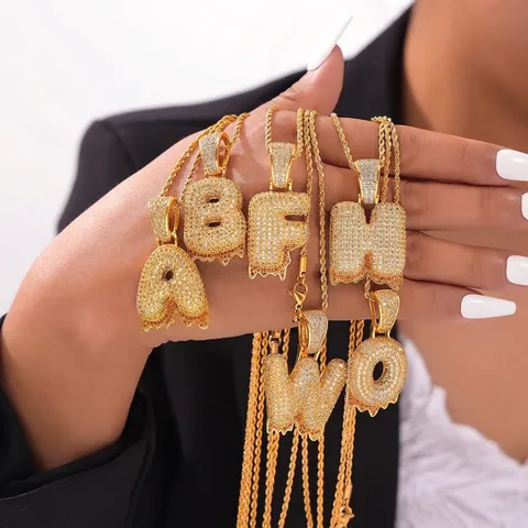 Dripping Bubble Letter Pendant Copper Iced Out Zirconia Initial Alphabet Pendant Hip Hop Fashion Jewelry For Women Men