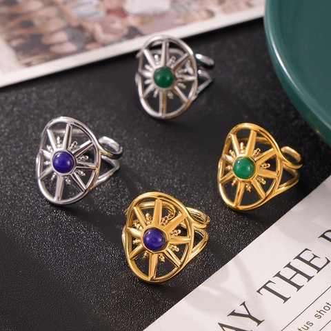 Vintage Starburst Compass Open Ring Titanium Steel With Turquoise Lapis Lazuli Natural Stone Jewelry For Women