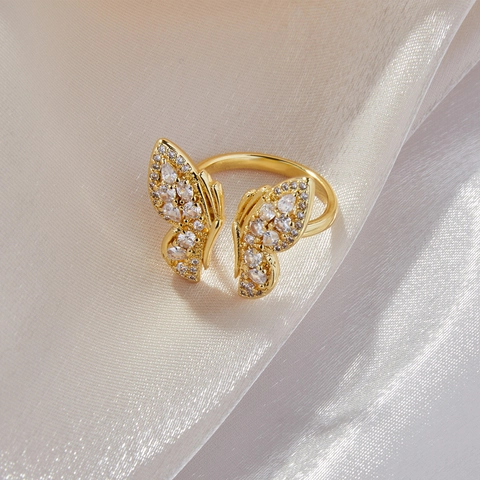Eleganter Offener Ring Mit Schmetterlingen Kupfer Vergoldet Mikro Pave Zirkon Verstellbarer Modeschmuck Für Damen