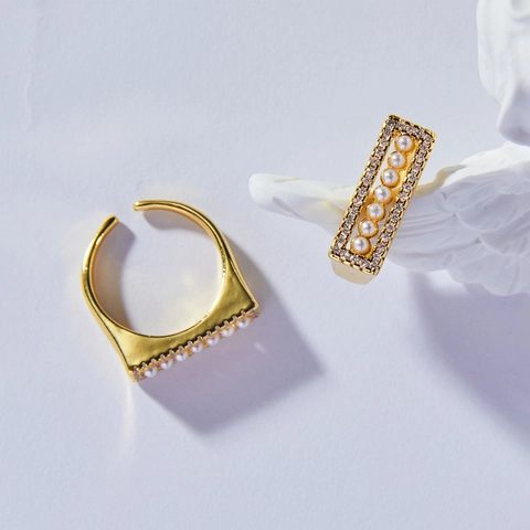 Adjustable Open Ring Copper With Imitation Artificial Pearl Cubic Zirconia Rectangular Setting French Retro Fashion Jewelry For Women