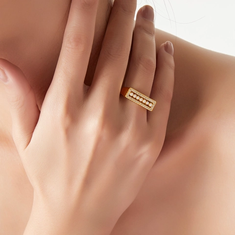 Adjustable Open Ring Copper With Imitation Artificial Pearl Cubic Zirconia Rectangular Setting French Retro Fashion Jewelry For Women