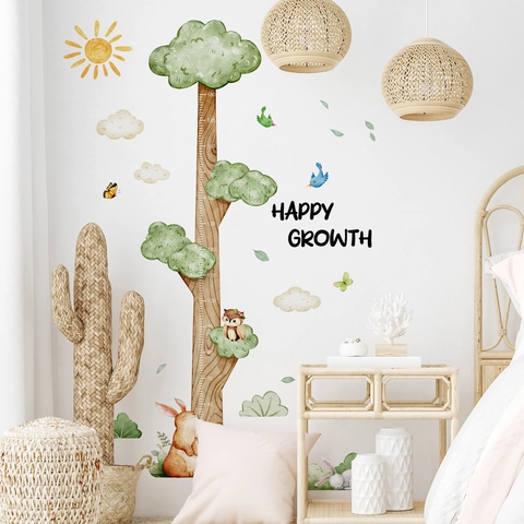 Watercolor Tree Animal Height Growth Chart Wall Sticker For Kids Room Nursery PVC Self Adhesive Decorative Wall Decal