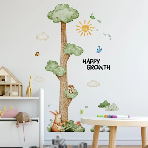Watercolor Tree Animal Height Growth Chart Wall Sticker For Kids Room Nursery PVC Self Adhesive Decorative Wall Decal