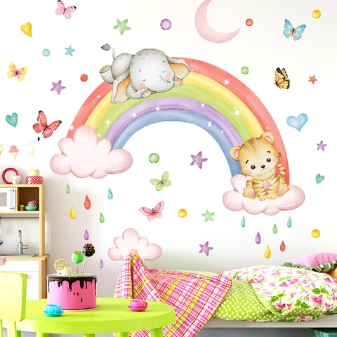 Watercolor Rainbow Wall Sticker Cartoon Elephant Tiger Cloud Star Moon Heart Self Adhesive PVC Decal For Kids Nursery Room Decor