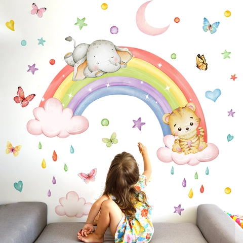 Watercolor Rainbow Wall Sticker Cartoon Elephant Tiger Cloud Star Moon Heart Self Adhesive PVC Decal For Kids Nursery Room Decor