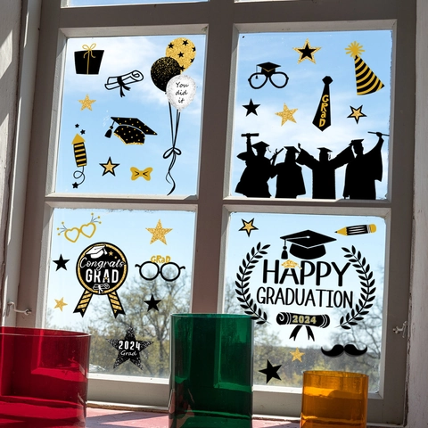 2024 Graduation Season Window Static Stickers Black Gold Glitter PVC Decals Happy Graduation Celebration Glass Decor Set
