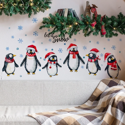 Kerst Muurstickers Cartoon Pinguïn Let It Snow HoHoHo Sneeuwvlok PVC Zelfklevend Waterdicht Decoratie Slaapkamer