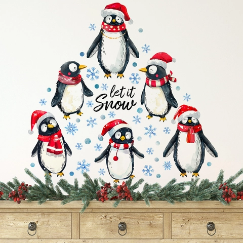 Kerst Muurstickers Cartoon Pinguïn Let It Snow HoHoHo Sneeuwvlok PVC Zelfklevend Waterdicht Decoratie Slaapkamer