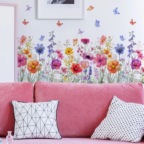 Aquarell Botanische Blume Schmetterling Wandaufkleber PVC DIY Floral Natur Wandbild Dekor Für Wohnzimmer Schlafzimmer