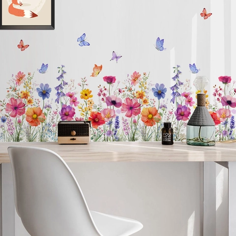 Aquarell Botanische Blume Schmetterling Wandaufkleber PVC DIY Floral Natur Wandbild Dekor Für Wohnzimmer Schlafzimmer