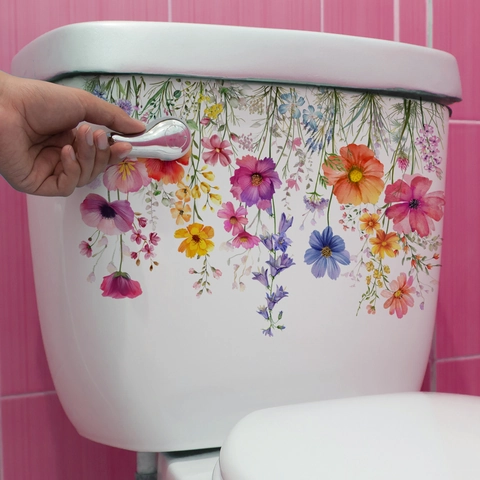 Adesivo per Gabinetto con Fiori Colorati PVC Impermeabile Decalcomania da Parete Botanica per Arredo Bagno Casa Acquerello Fiori Selvatici