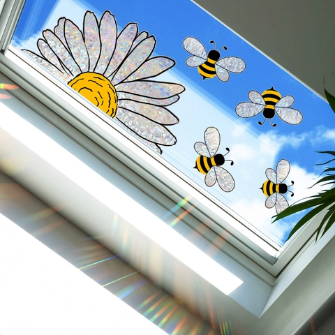 Gänseblümchen Und Bienen Regenbogen Sonnenfänger Fensteraufkleber Statische Prisma Glasfolie Holografische Deko