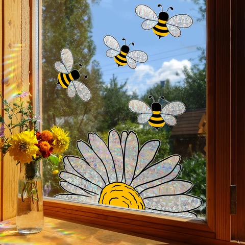 Gänseblümchen Und Bienen Regenbogen Sonnenfänger Fensteraufkleber Statische Prisma Glasfolie Holografische Deko
