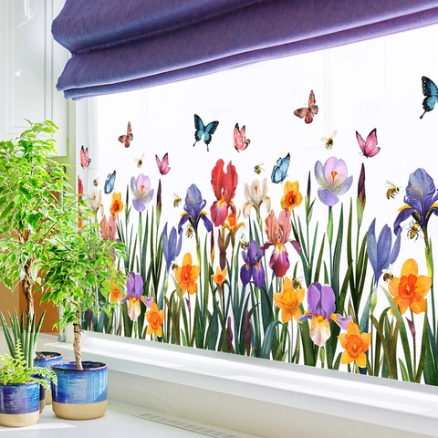 Bunte Schmetterling Blume Fensteraufkleber Statisch Haftend PVC Glasaufkleber Wohnzimmer Schlafzimmer Home Decor Aquarell