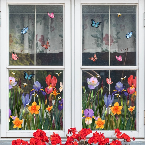 Pegatinas de Ventana de Mariposa y Flores Estáticas Doble Cara Calcomanías de Vidrio PVC Jardín Flores Abeja Decoración para Sala de Estar Dormitorio
