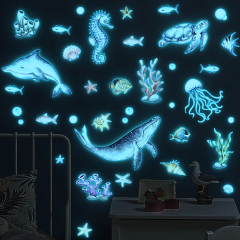 Glow In The Dark Blue Ocean Animals Wall Stickers Watercolor Whale Dolphin Sea Turtle Undersea Life Fluorescent PVC Self-Adhesive Decals For Kids Bedroom Nursery Room Wall Decor