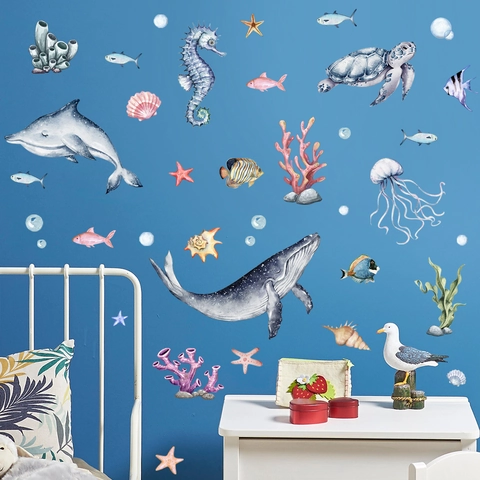 Glow In The Dark Blue Ocean Animals Wall Stickers Watercolor Whale Dolphin Sea Turtle Undersea Life Fluorescent PVC Self-Adhesive Decals For Kids Bedroom Nursery Room Wall Decor