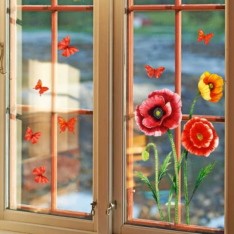 Adesivi Finestra Papavero Rosso Farfalla PVC Statico Decorativo Decalcomanie Da Muro Per Vetro Camera Da Letto