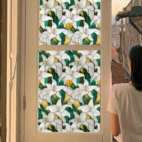 Lily Floral Window Film Static Cling Privacy Glass Sticker Removable Heat Control Translucent Decorative For Home Bathroom