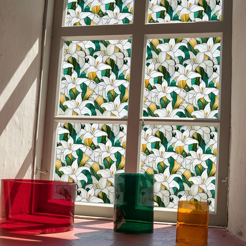 Lily Floral Window Film Static Cling Privacy Glass Sticker Removable Heat Control Translucent Decorative For Home Bathroom