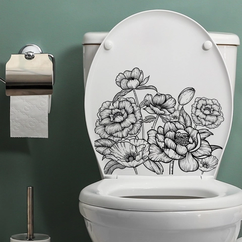 Autocollant Toilette Fleur Art Ligne Noir Pivoine Floral PVC Amovible Étanche Décoration Murale Salle De Bain Moderne
