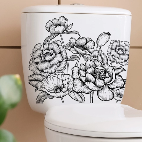 Autocollant Toilette Fleur Art Ligne Noir Pivoine Floral PVC Amovible Étanche Décoration Murale Salle De Bain Moderne