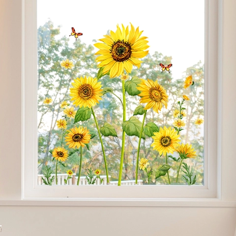 Sunflower Butterfly Window Static Stickers Double Sided Glass Decals PVC Waterproof Floral Wall Sticker Home Decor