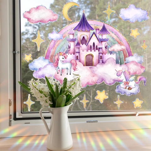 Rainbow Suncatcher Static Window Cling Unicorn Castle Prism Window Sticker Iridescent Decal For Kids Room Living Room Decor