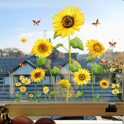Sunflower Butterfly Window Static Stickers Double Sided Glass Decals PVC Waterproof Floral Wall Sticker Home Decor
