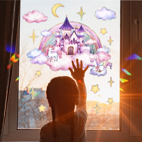 Rainbow Suncatcher Static Window Cling Unicorn Castle Prism Window Sticker Iridescent Decal For Kids Room Living Room Decor