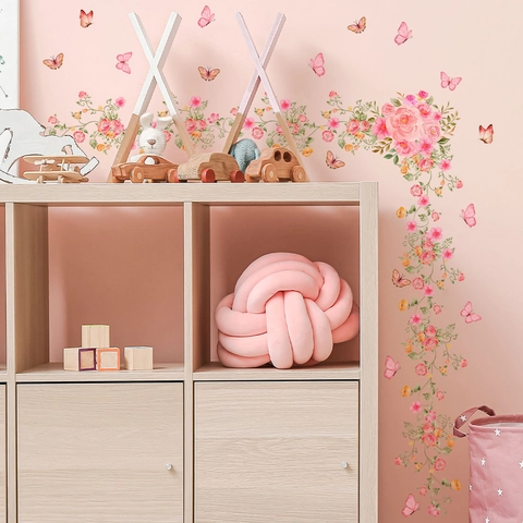Rosa Blumen Rebe Schmetterling Wandaufkleber PVC Abnehmbare Selbstklebende Wandtattoos Für Wohnzimmer Schlafzimmer Deko