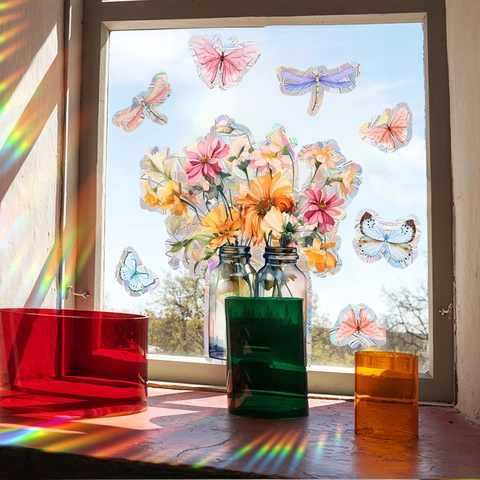 Pegatinas De Ventana Prisma Arcoíris Estáticas Mariposa Floral Cristal Atrapasol Decoración