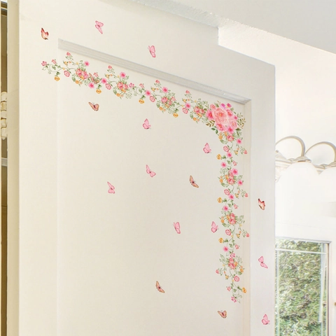 Rosa Blumen Rebe Schmetterling Wandaufkleber PVC Abnehmbare Selbstklebende Wandtattoos Für Wohnzimmer Schlafzimmer Deko
