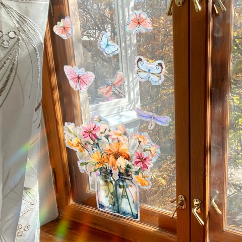 Pegatinas De Ventana Prisma Arcoíris Estáticas Mariposa Floral Cristal Atrapasol Decoración